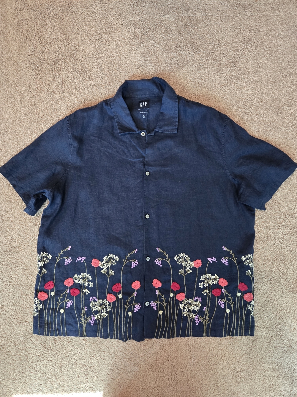 Gap Mens Navy Embroidered Wildflower 100% Linen Button Down Shirt XL Resortwear